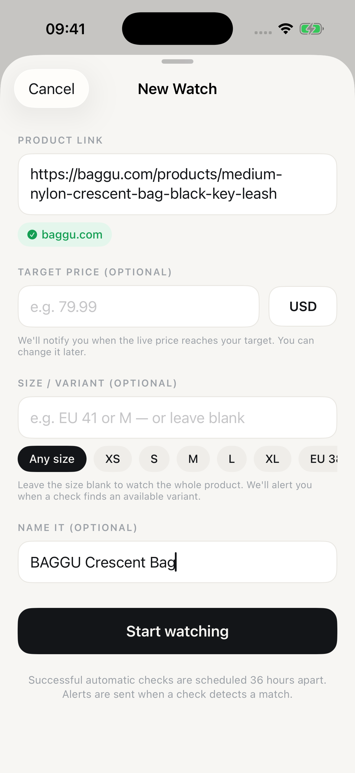 The actual InStock New Watch form with a product link, optional target price and size fields.
